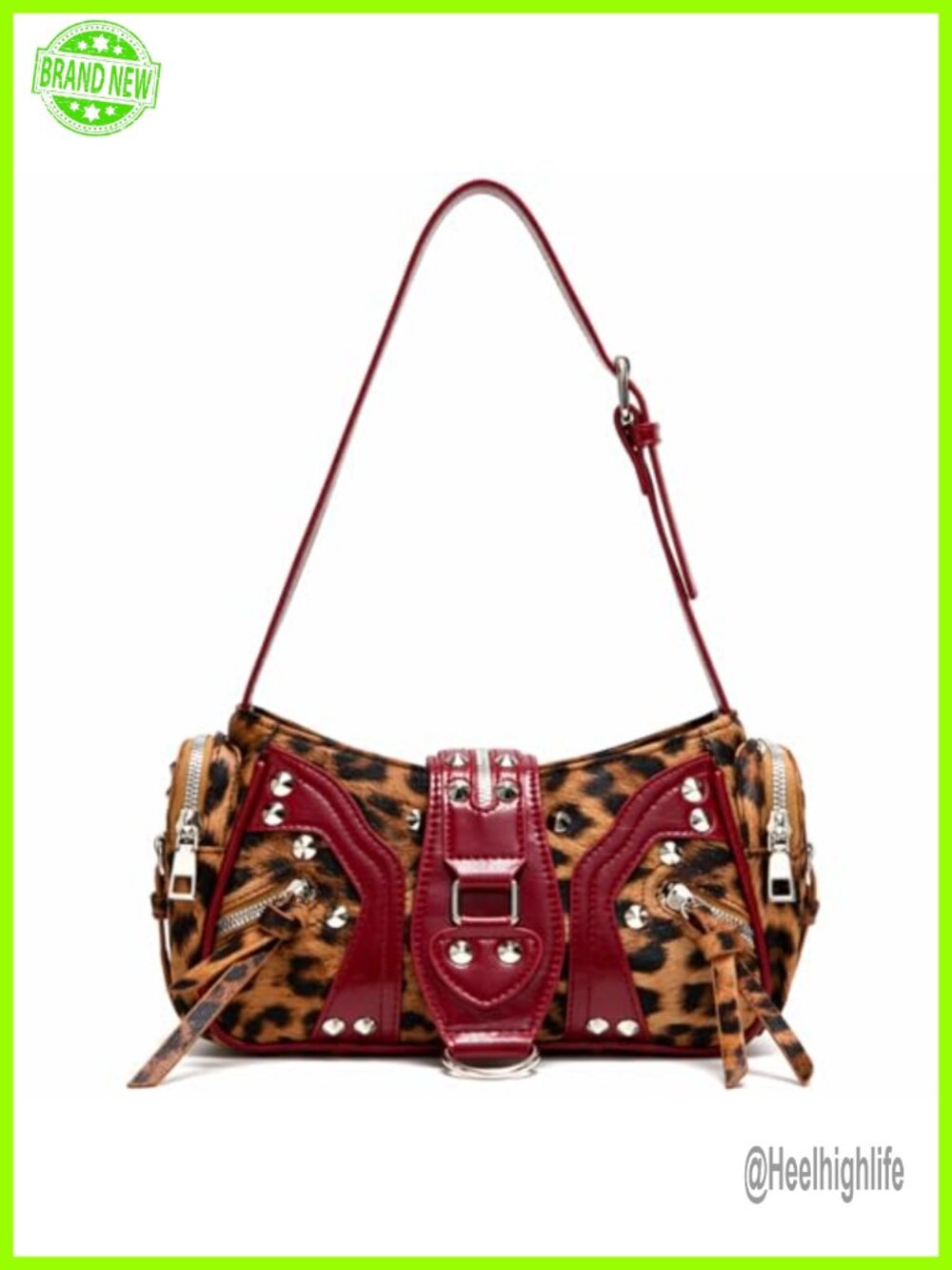 Leopard Print Fabric Leather Trim Shoulder Bag Y2K Cheetah Purse Handbag